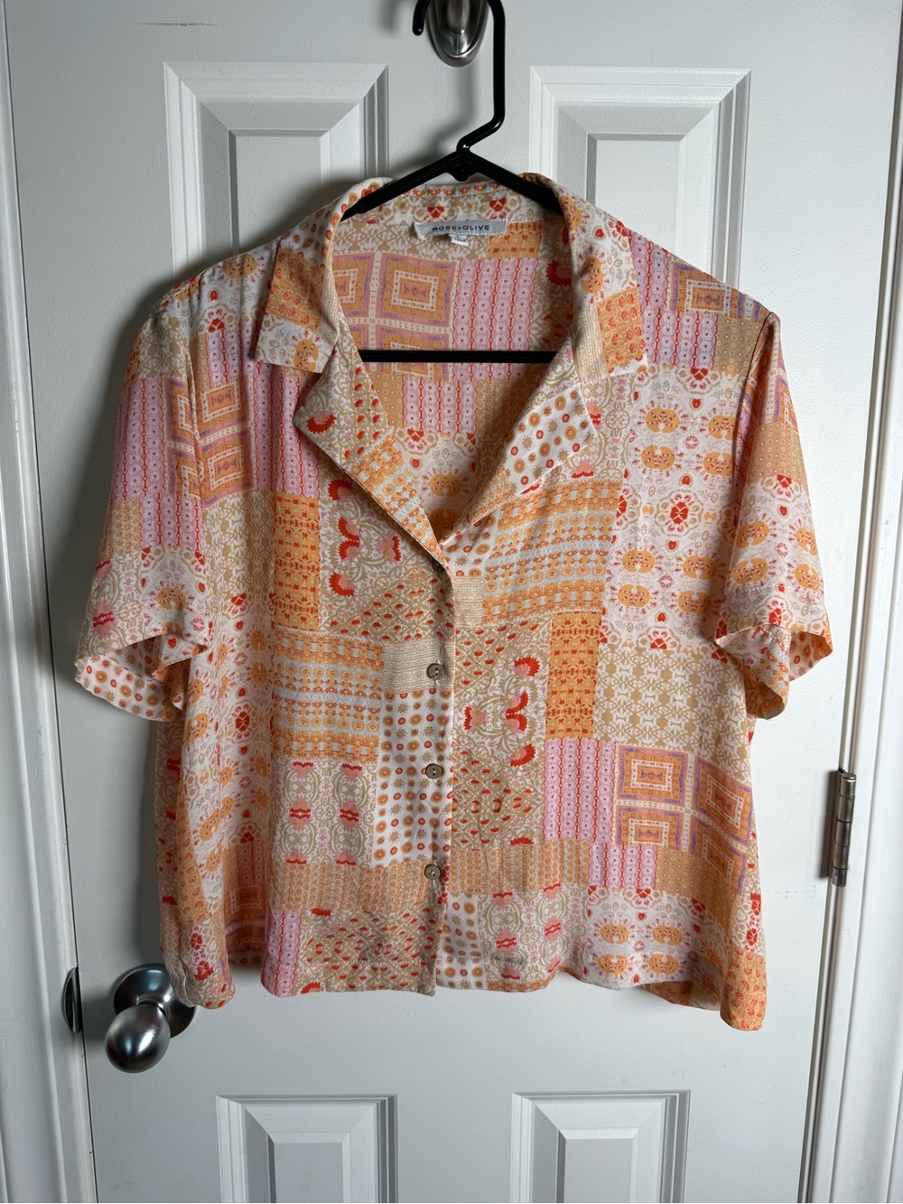 Rose & Olive Peach and Pink Patchwork Button-Down Camp Shirt